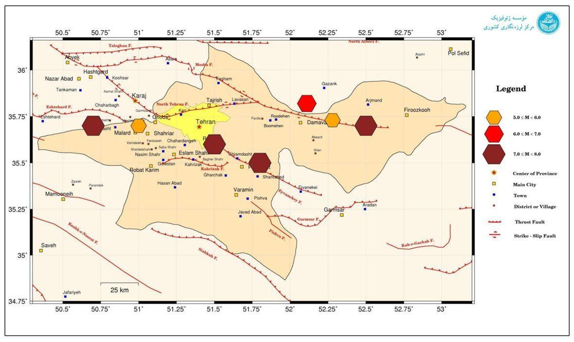 نقشه زلزله‌های بزرگ تاریخ در استان تهران