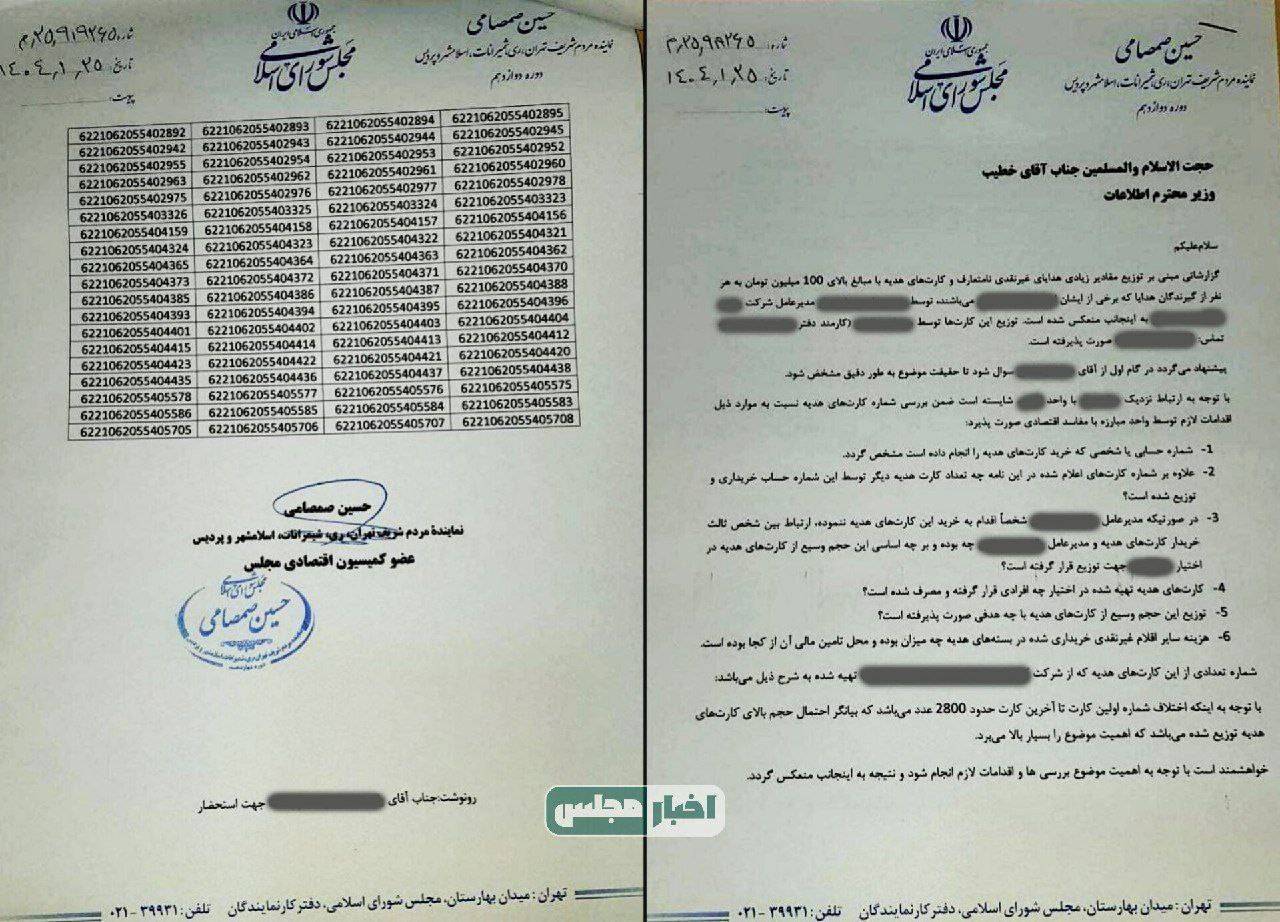 ماجرای ۱۴ میلیارد تومان کارت هدیه افشاگری شده توسط حسین صمصامی در نامه به وزیر اطلاعات چیست؟ ماجرای ۱۴ میلیارد تومان کارت هدیه افشاگری شده توسط حسین صمصامی در نامه به وزیر اطلاعات چیست؟