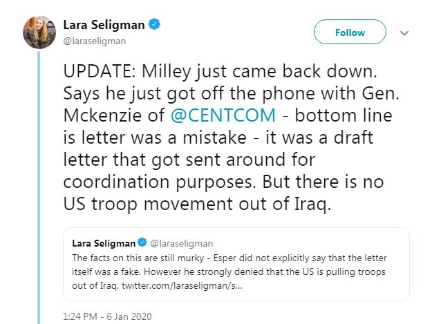 رئیس ستاد مشترک ارتش آمریکا: نامه خروج از عراق نباید منتشر می‌شد!