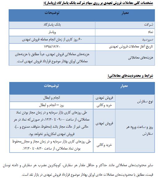 آغاز معاملات فروش تعهدی سهام بانک پاسارگاد در بورس