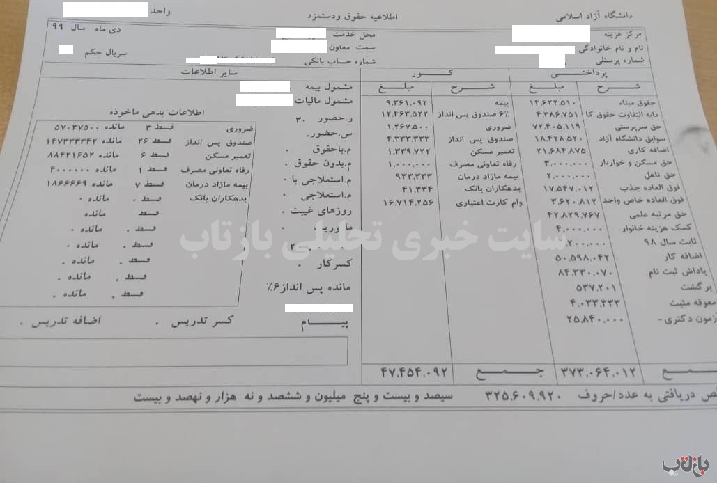 حقوق ۳۷ میلیونی مدیری در دانشگاه آزاد اسلامی به همراه سند